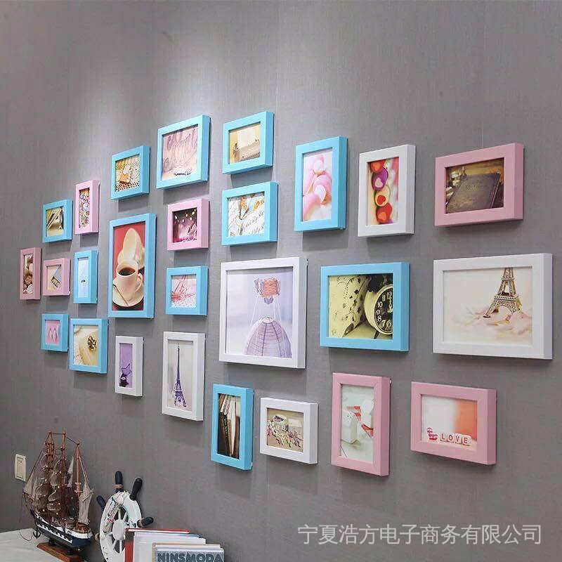 新品?熱銷?列印照片 26框 簡歐風相框牆組合歐式相框創意掛牆相片牆客廳掛畫簡約北歐日式實木照片牆 鹿頭 相框組 相框照 5