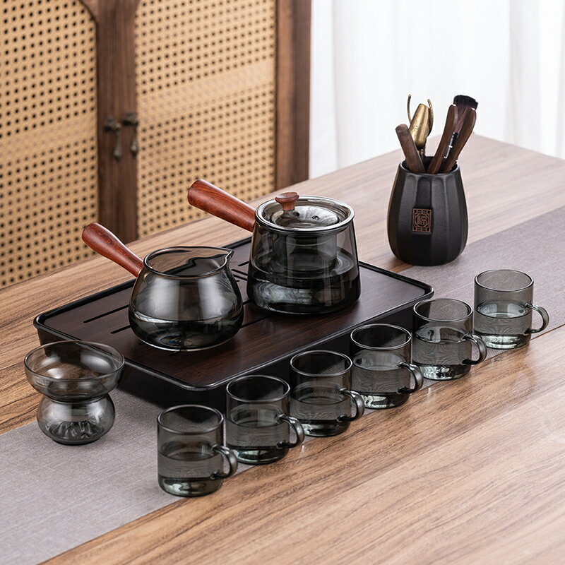 玻璃茶具套裝側把茶壺功夫茶具家用會客茶杯簡約茶臺辦公泡茶整套