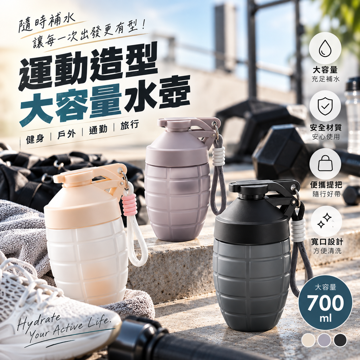 700ML 健身搖搖杯 手雷造型｜蛋白粉攪拌杯 防漏隨行杯 運動水壺