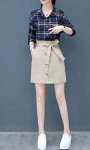 FINDSENSE品牌 秋季 新款 韓國 休閒 字母印花 彩格襯衫+繫帶高腰半裙 兩件套 時尚 潮流套裝