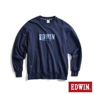 EDWIN 露營系列 森林LOGO寬版厚長袖T恤-男款 丈青色 #換季折扣