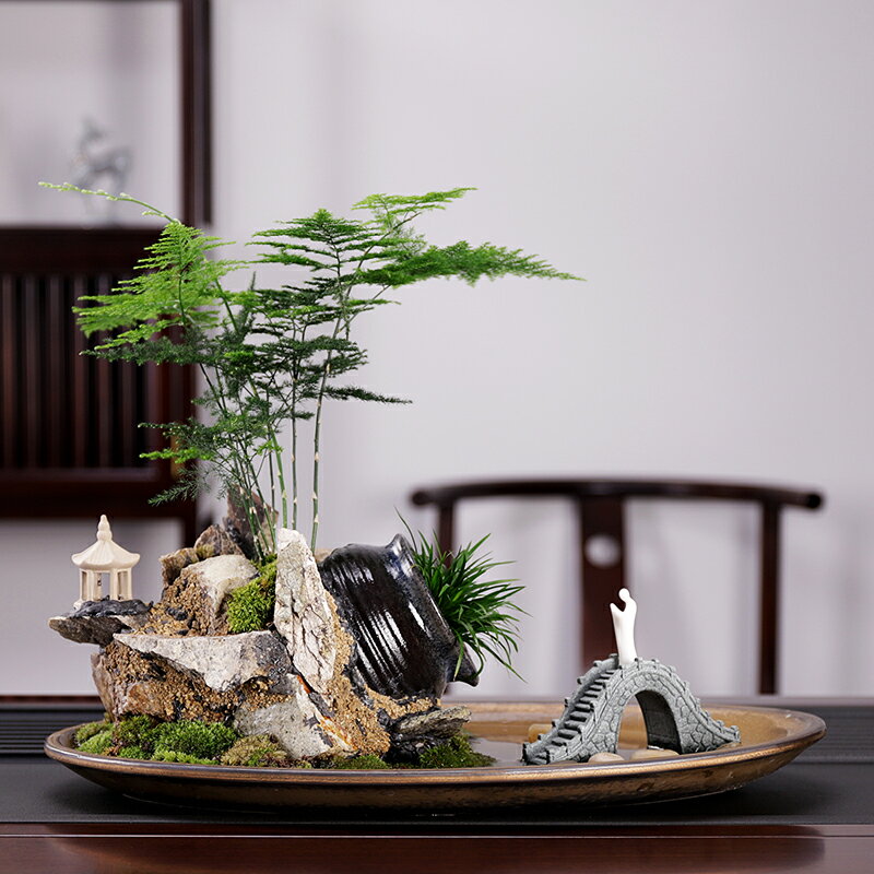 優樂悅~中式桌面綠植盆景客廳假山流水文竹植物盆栽辦公室裝飾品輕奢擺件