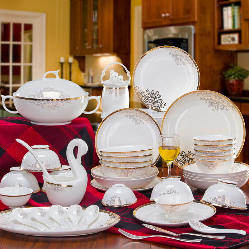 碗碟套裝 家用景德鎮60頭骨瓷餐具套裝簡約中式組合碗盤歐式金邊