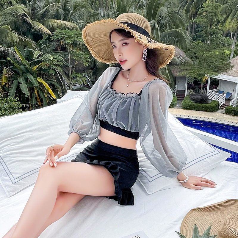 泳衣女 ins超仙性感長袖裙式分體保守顯瘦小胸聚攏溫泉仙女範泳裝