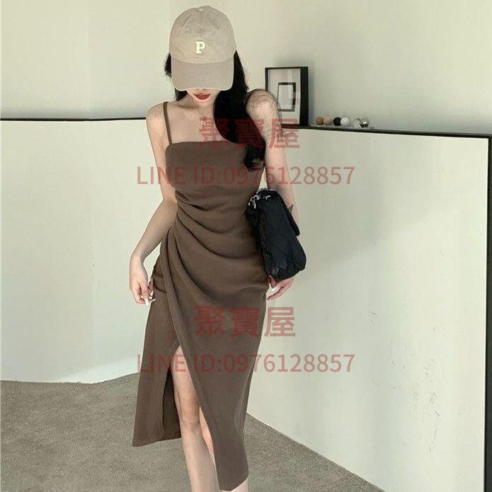 細肩帶洋裝黑色連衣裙子吊帶裙赫本風氣質女神范開叉中長款春季女新款【聚寶屋】