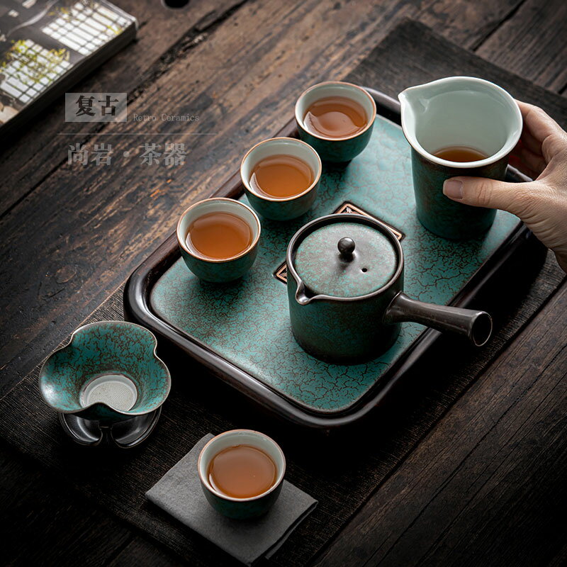 日式復古功夫茶具套裝家用陶瓷茶壺茶杯茶盤整套輕奢泡茶器客廳用