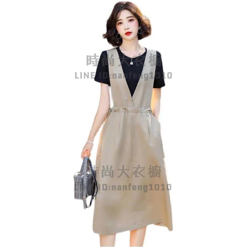 兩件式短袖裙裝套裝短袖t恤背帶裙純棉寬鬆顯瘦中長款過膝大碼連身裙【時尚大衣櫥】 7