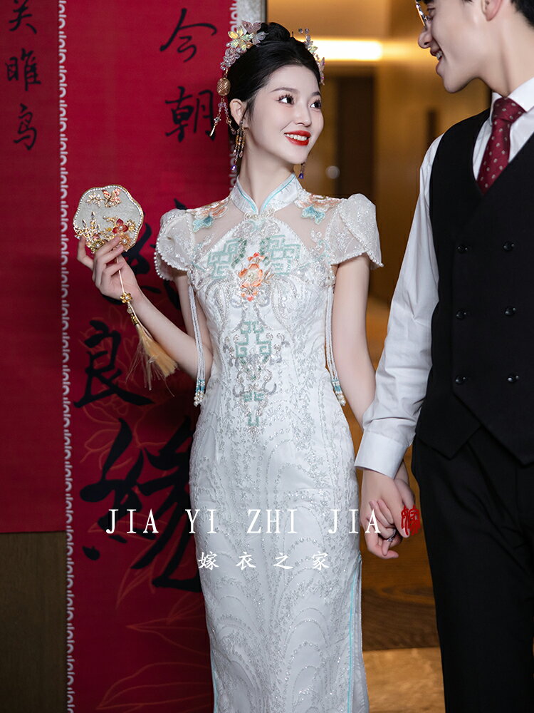 新中式改良旗袍新款新娘結婚回門宴晚禮服敬酒服夏季訂婚旗袍