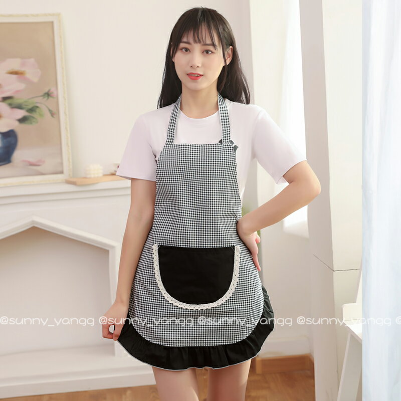 韓版新款洋氣圍裙家用廚房2021爆款田園風純棉花邊時尚工作圍裙女