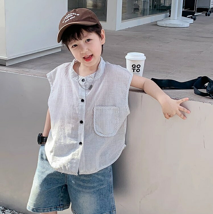 童裝短袖 夏季男童襯衫 條紋休閑襯衫 兒童短袖 薄款短袖襯衫 背心襯衣 無袖襯衫 休閒背心 男孩背心【不二雜貨】