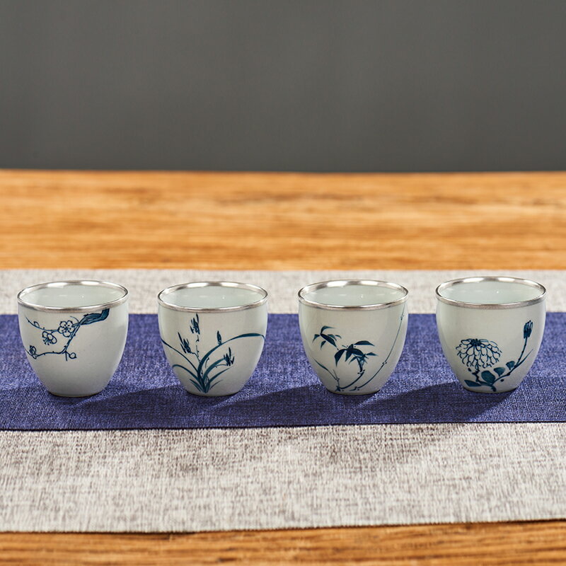 創意陶瓷茶杯手繪青花純銀銀口茶杯品茗杯單個主人杯功夫茶具茶盞 0