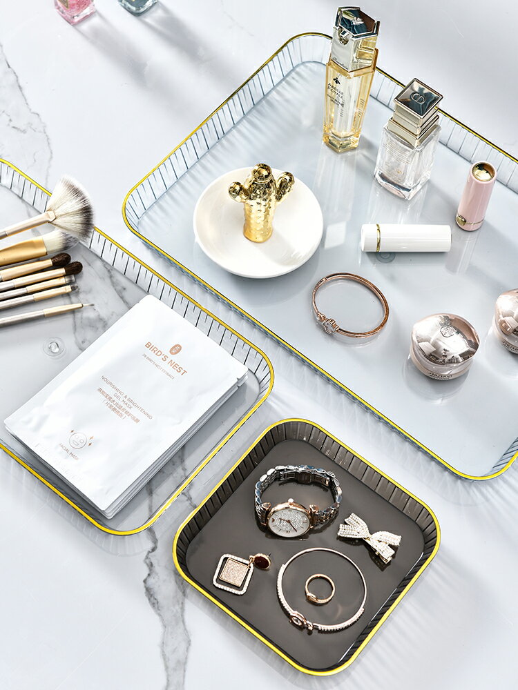 北歐輕奢托盤家用放茶杯水杯茶盤客廳茶幾透明金邊托盤長方形餐盤 4