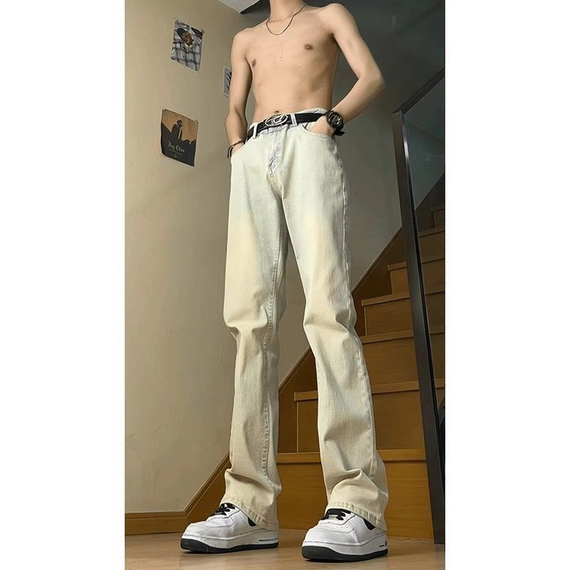 cleanfit黃泥色牛仔褲男夏季新款高腰顯瘦褲子美式vibe彎刀微喇褲--享樂