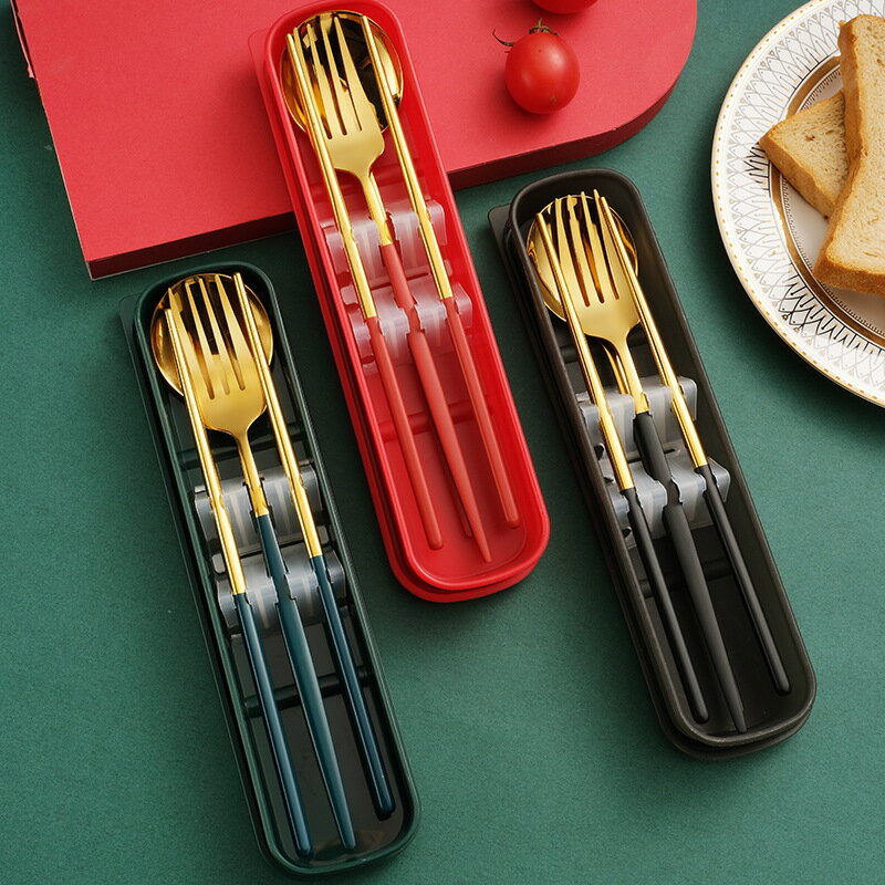 便攜特別好看的筷子家用不銹鋼兒童餐具套裝筷子勺子三件套收納盒