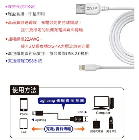 {光華成功NO.1}a+plus ACB-062 USB to Apple Lighting急速充電/傳輸線2M  喔!看呢來 5