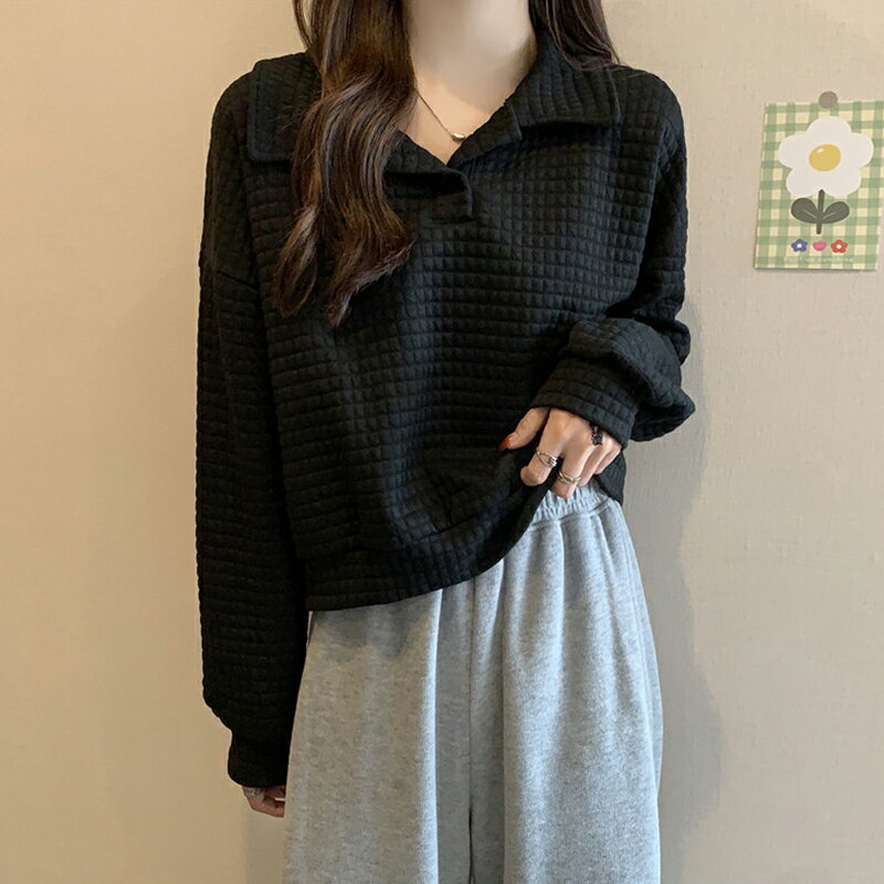 高階感華夫格polo翻領衛衣女春秋2022年新款設計感小眾寬松上衣服