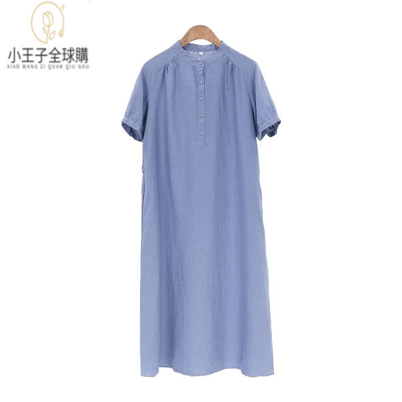 【公司現貨速發】免運 開發票 小王子女裝夏季新款亞麻連衣裙 新中式立領顯瘦系帶中長款連衣裙女裝上衣 流行女裝 棉麻 早秋 日韓女裝
