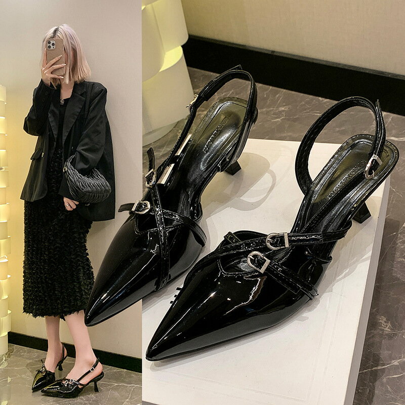 夜店高跟鞋 高跟鞋女年春季韓版新款尖頭氣質漆皮性感貓跟搭扣包頭涼鞋女YY316公司貨