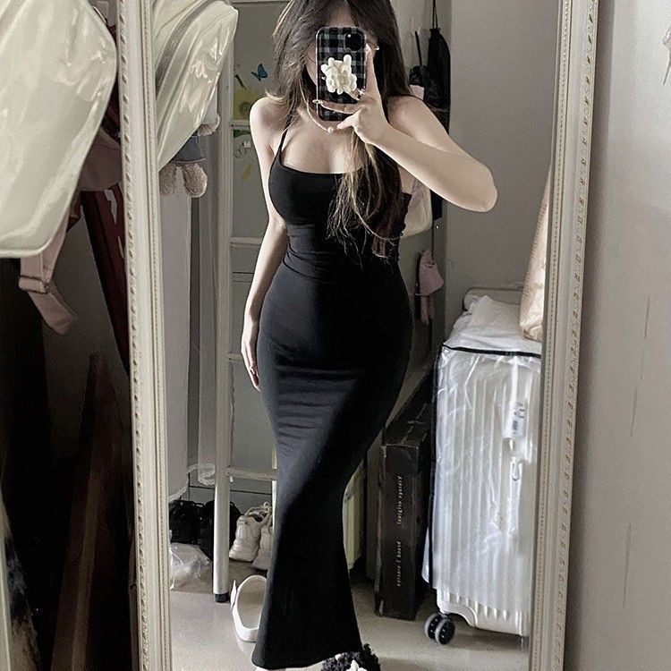 微胖顯瘦辣妹氣質顯白包臀吊帶裙女巨顯腰臀比裙子中長魚尾連衣裙