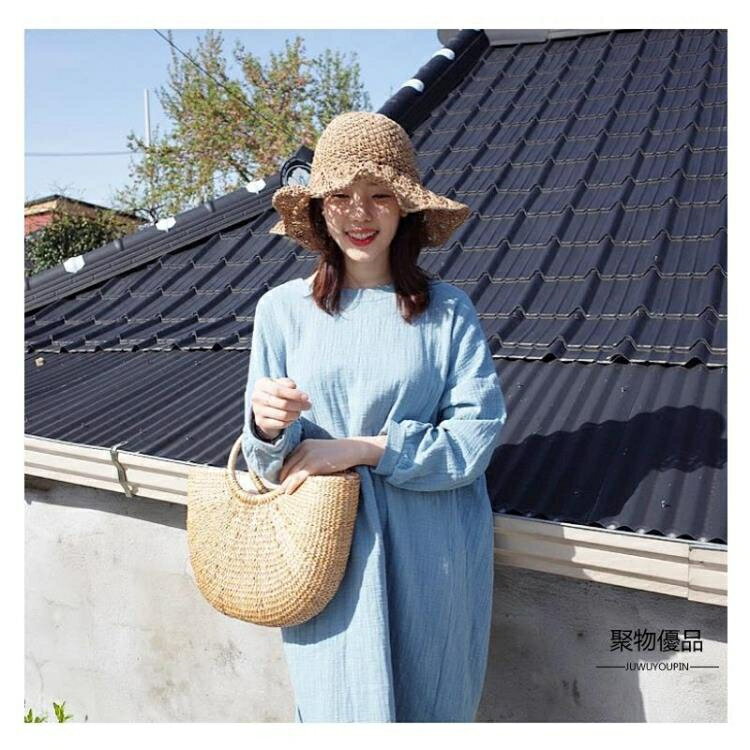 大簷可折疊漁夫帽女夏小清新韓版百搭海邊度假沙灘草帽防曬帽【聚物優品】