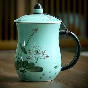 龍泉青瓷茶杯陶瓷杯手繪帶蓋過濾辦公室茶水分離泡茶杯家用