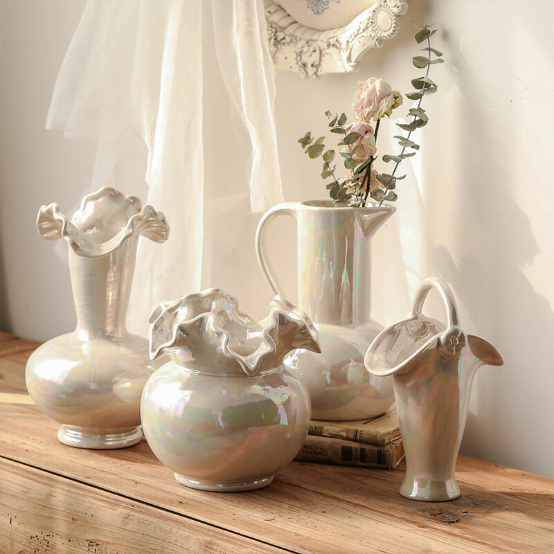 夢幻鍍彩波浪珠光陶瓷花瓶擺件客廳插花餐桌2021新款家居裝飾品