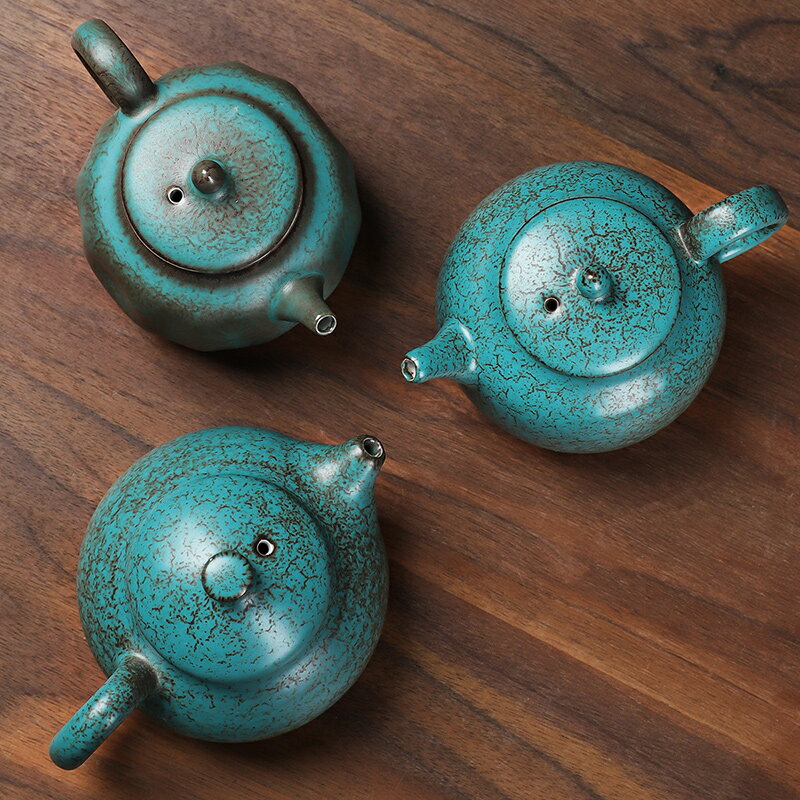 復古窯變茶壺鬆石綠泡茶壺單壺功夫茶具輕奢簡約家用陶瓷小號茶壺