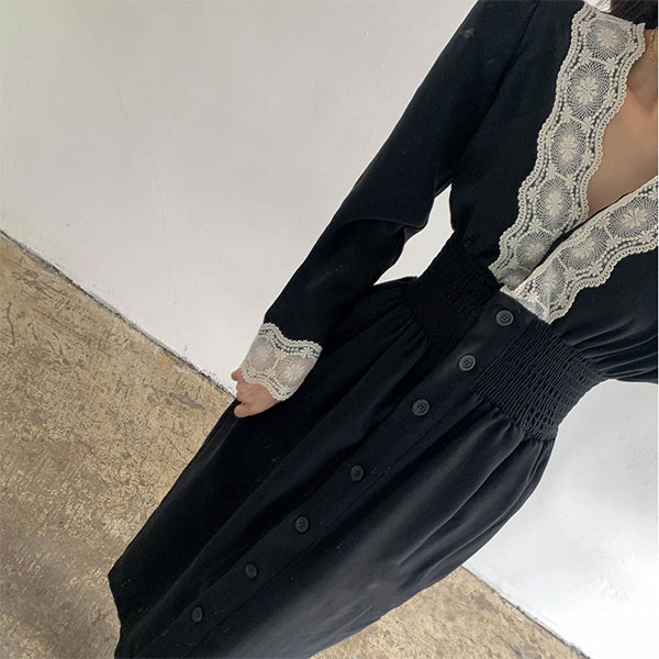 ANNA S. 正韓 V領 蕾絲 黑色 洋裝 長袖 縮腰 顯瘦 連身裙 復古 氣質 上班族 韓國690 7