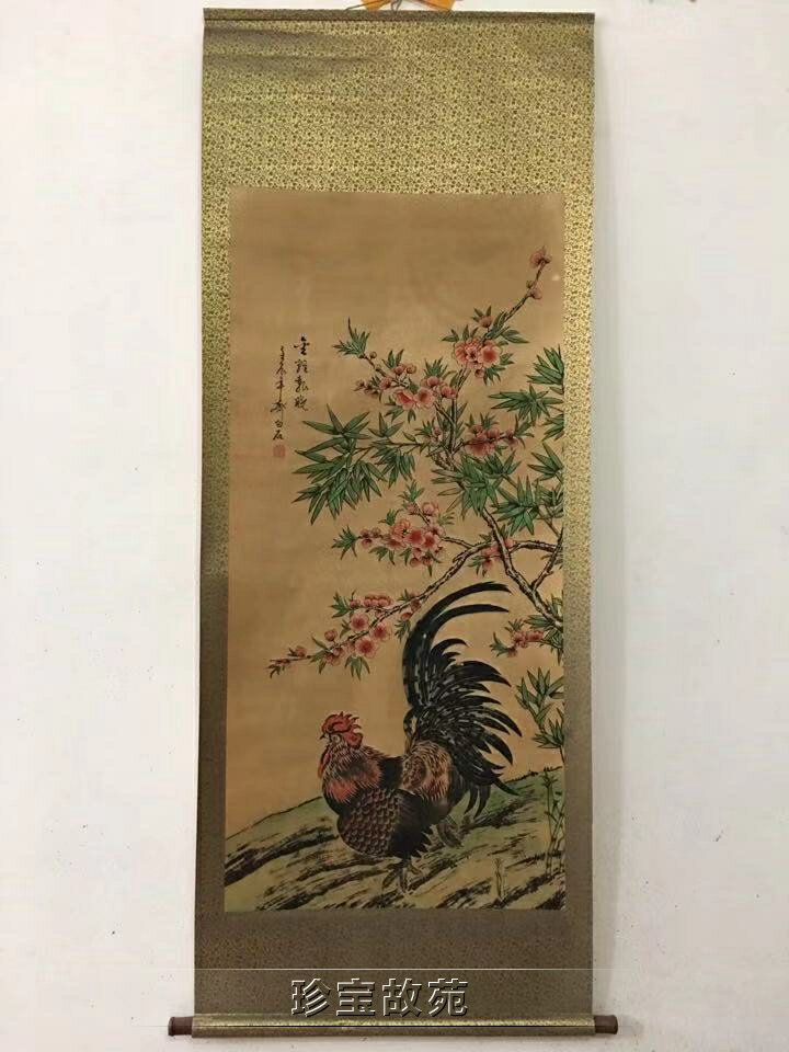 新品古玩字畫精美復古卷軸金雞報曉圖客廳中堂裝飾老掛畫仿古