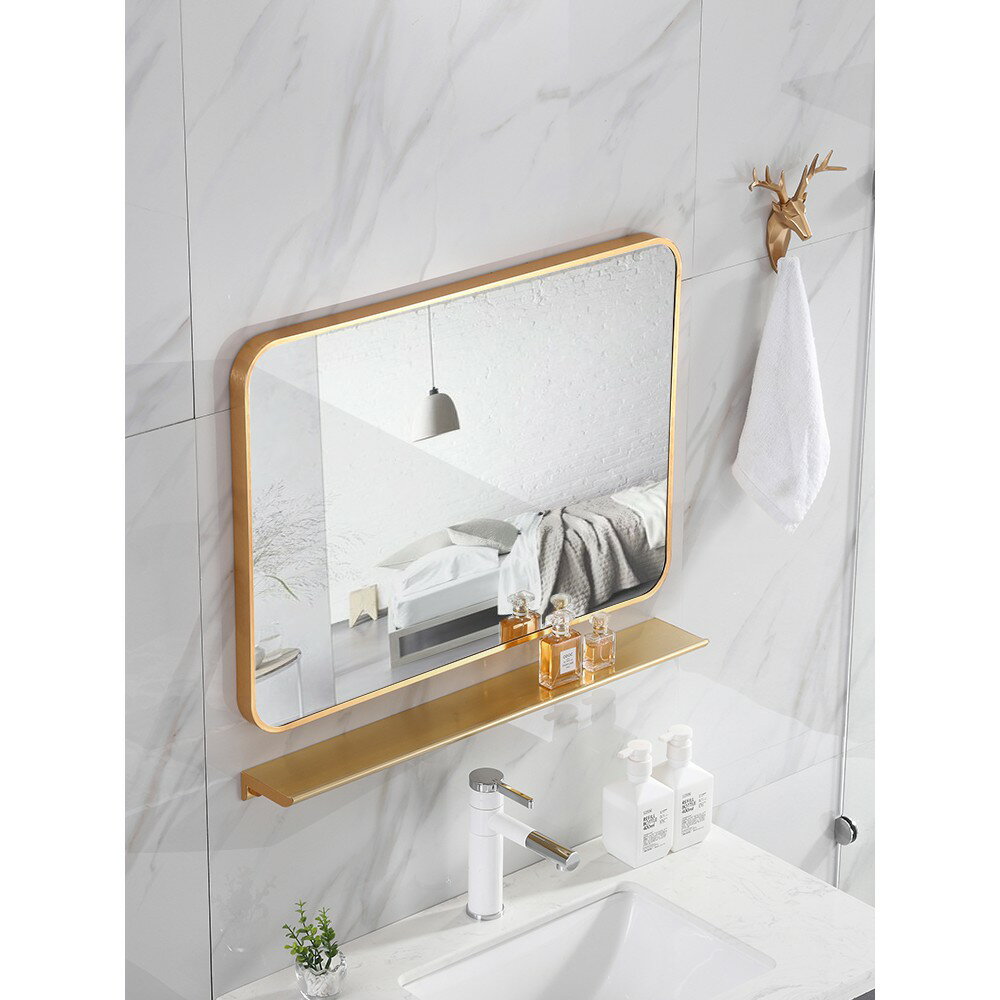 鏡子北歐 浴室鏡子貼牆 自粘免打孔ins拍照化妝臺衛生間方鏡壁掛牆帶置物架