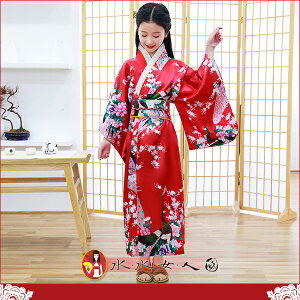日式風情！日式小女孩和服，復古印花女童浴衣睡袍-孔雀(紅色)-水水女人國