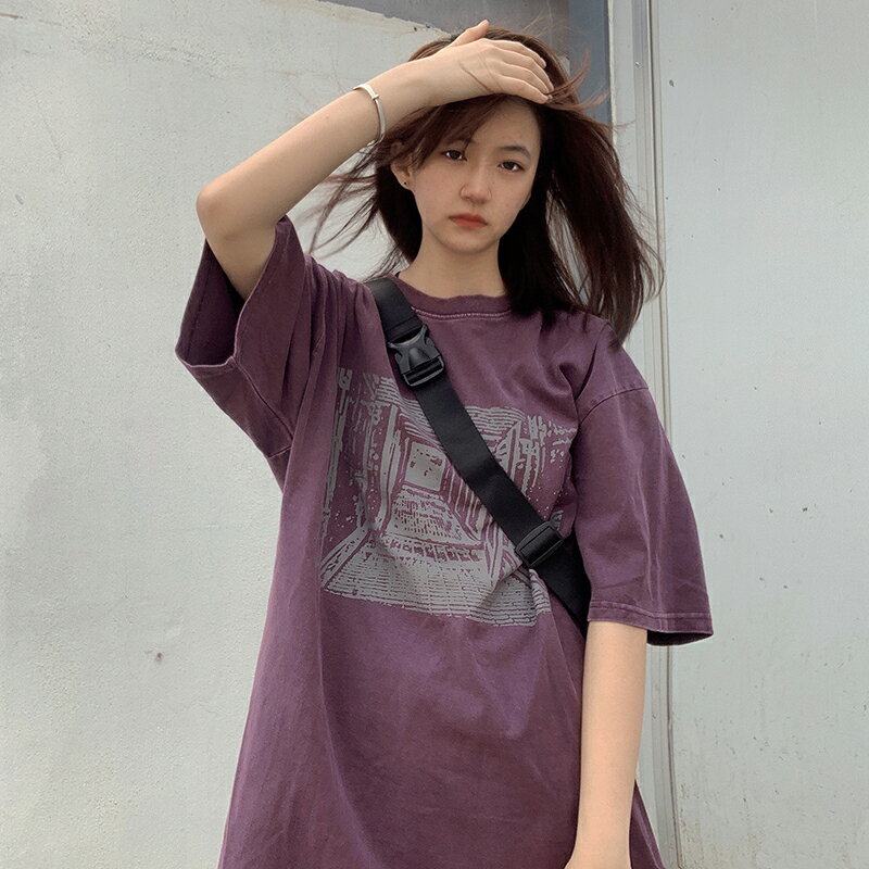 紫色短袖t恤女夏季2022新款寬松韓版oversize設計感小眾半袖上衣