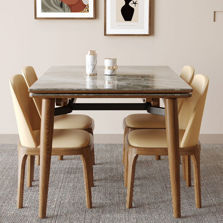 餐桌 實木伸縮巖板餐桌 家用小戶型 長方形折疊餐桌椅組合