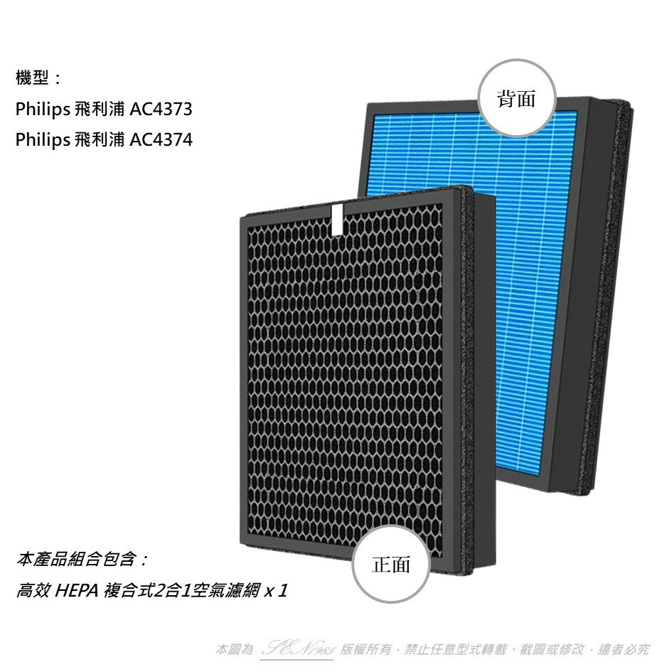 抗敏 適用Philips 飛利浦 AC4374 AC4373 空氣清淨機複合式2合1活性碳 HEPA 濾網 濾心 AC4138