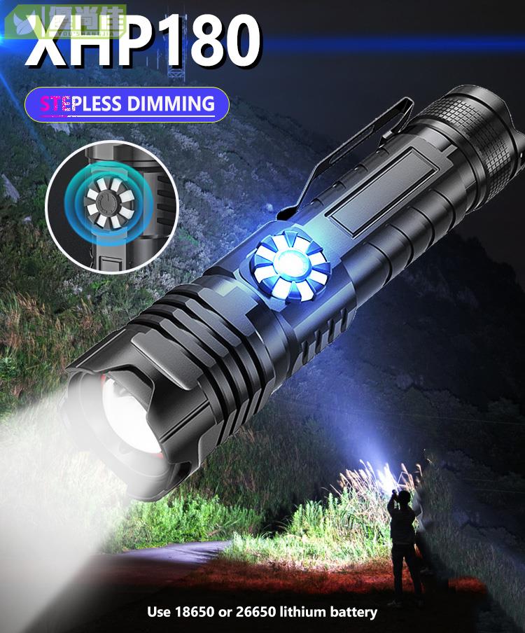 XHP180強力無級調光LED手電筒USB可充電工作燈4模式變焦手電筒手電筒18650