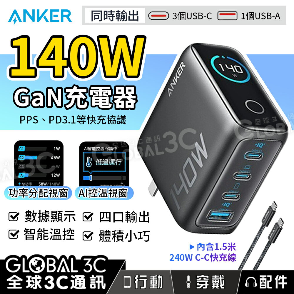 Anker Zolo 140W 四口氮化鎵充電器 控制輸出 螢幕顯示 智能溫控 體積小巧 筆電充電 快充