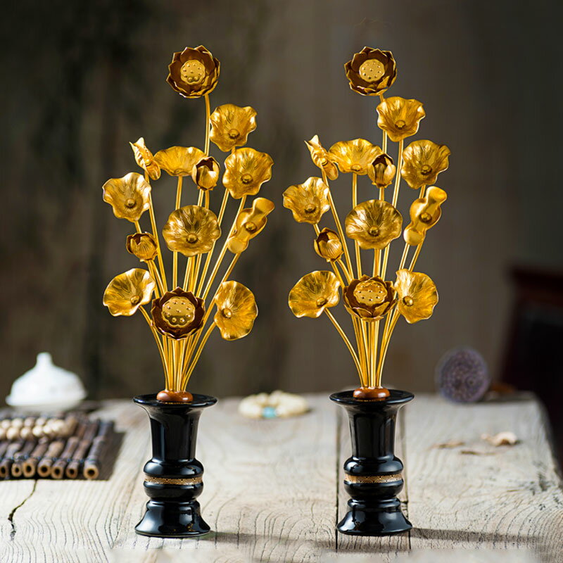 日式鎏金蓮花花瓶13束供佛金花佛前供花 佛具裝飾 模擬蓮花