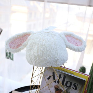 手工定制兒童兔耳朵保暖帽冬寶寶包頭護耳毛線帽小兔兔防寒帽子女1入