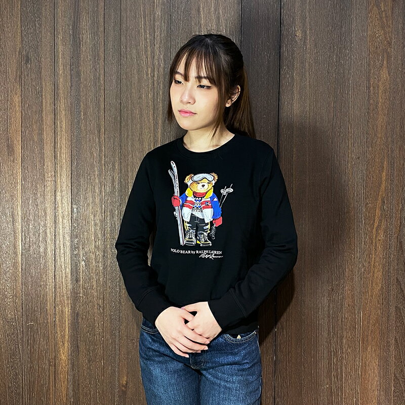 美國百分百【全新真品】Ralph Lauren 大學T 刷毛 棉質 青年版 女款 RL 長袖上衣 POLO 小熊 黑色 CR10