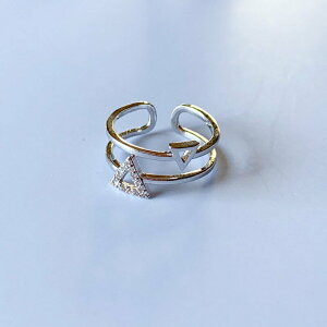 【S.One】韓版925銀雙層幾何三角形鑲鑽開口戒指 可調式戒指