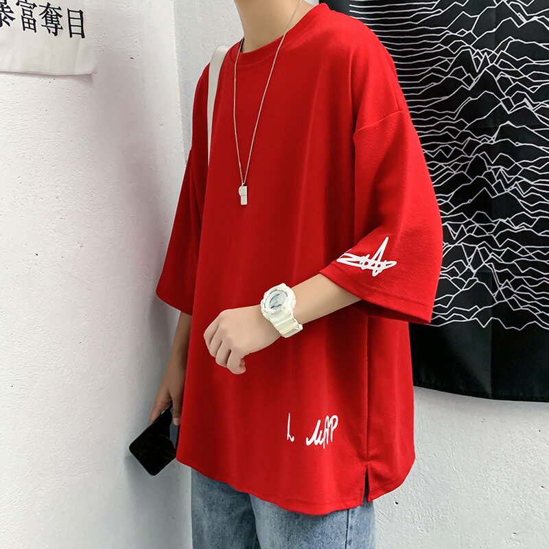 紅色T恤男短袖胖子寬松大碼oversize半袖上衣ins潮牌超火夏季體恤