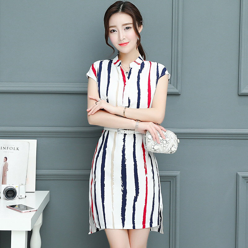 FINDSENSE G5 韓國時尚 大碼 顯瘦 短袖 雪紡 中長款 條紋 連身裙 襯衫裙