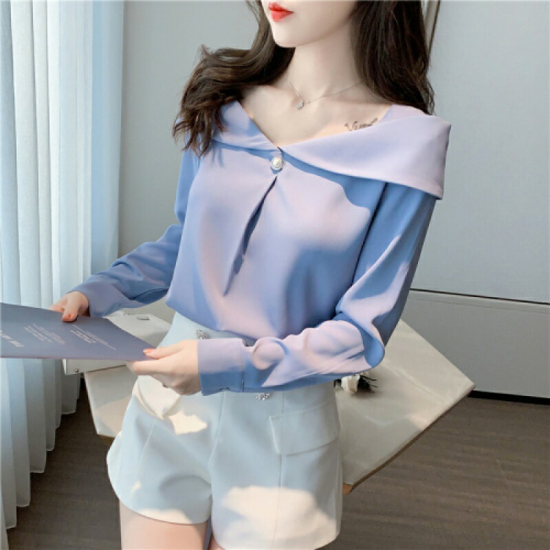 藍色雪紡襯衫女長袖秋裝溫柔風上衣一字肩方領襯衣設計感小眾小衫