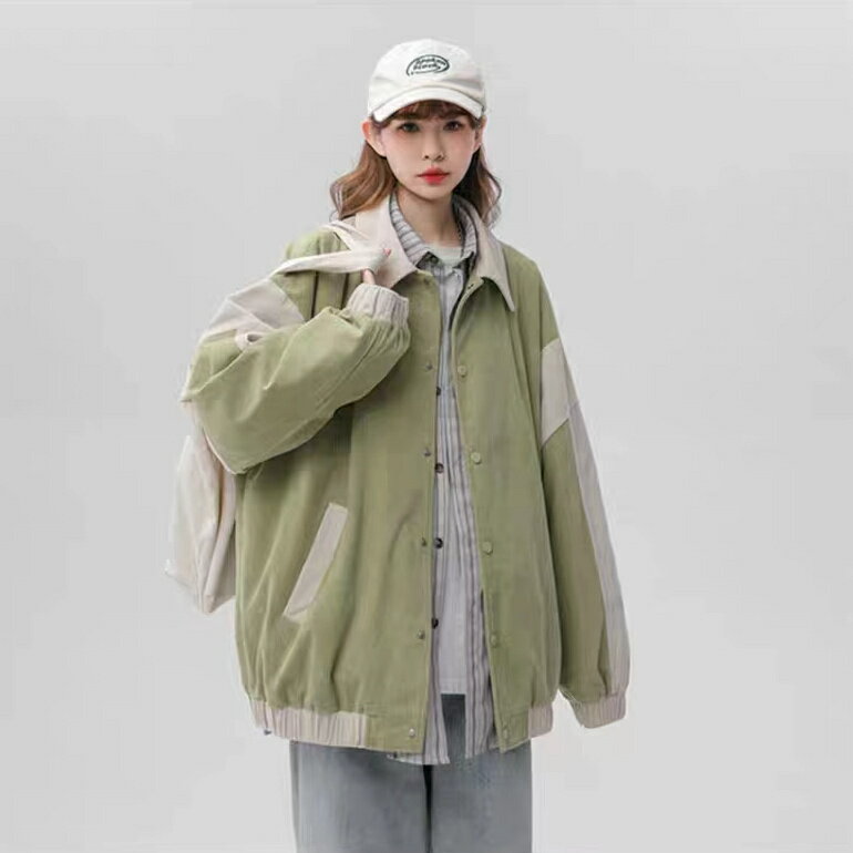 夾克外套奶綠色燈芯絨外套棒球服女韓風小眾工裝夾克設計感拼色潮春秋【聚寶屋】