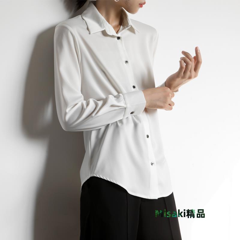 高階設計感白襯衫女絲質啞光綢緞職業OL通勤長袖上衣白色緞面襯衣-Misaki精品