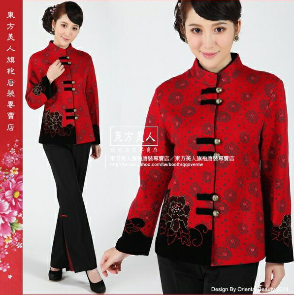 【單一尺寸特價-台灣出貨】中國風精緻羊毛呢拼接絲絨短版大衣唐裝外套 唐風中式女服飾。 牡丹花開富貴 💮東方美人💮