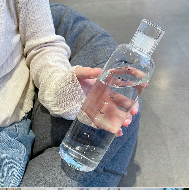 刻度水杯 時間刻度杯2021新款網紅玻璃杯喝水目標玻璃瓶ins簡約水杯高顏值【XXL15591】
