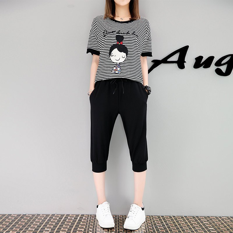 FINDSENSE G5 韓國時尚 大尺碼 休閒 套裝 條紋 T恤 女褲 兩件套