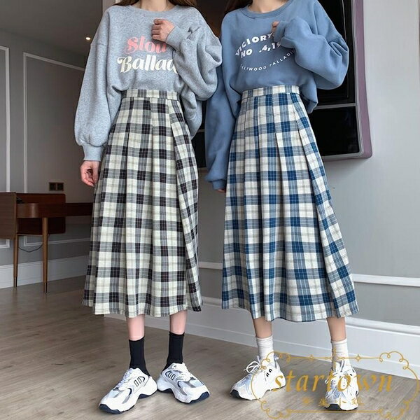 高腰格子百褶裙遮跨裙子百搭復古中長款格紋半身裙【繁星小鎮】