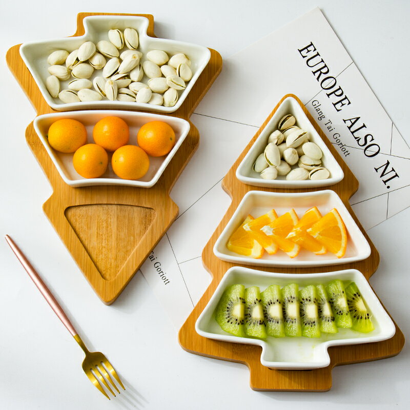 北歐創意竹木圣誕樹果盤家用餐具托盤陶瓷點心盤水果沙拉盤零食盤
